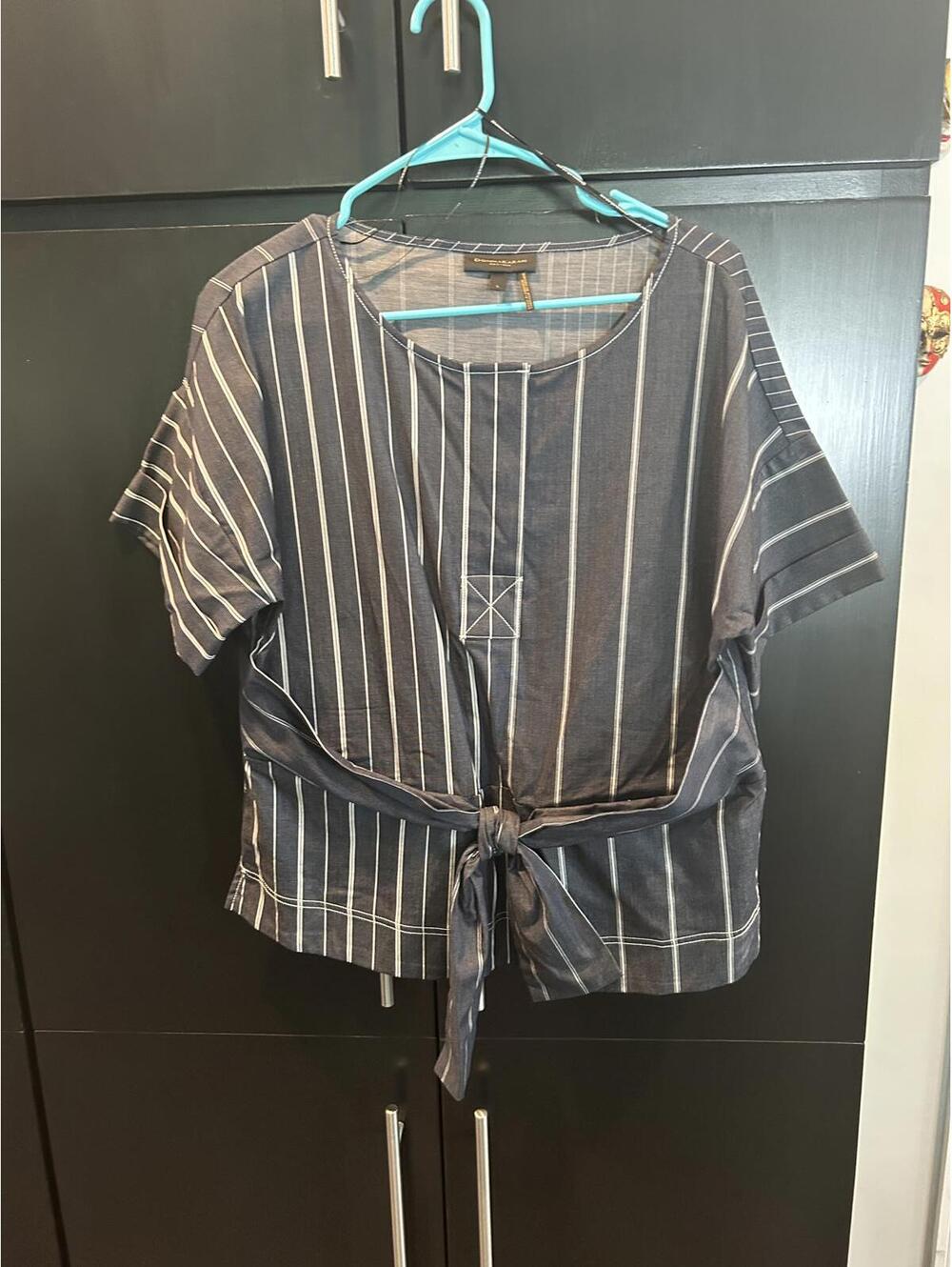 Donna Karan New York Striped Tie-Front Top - Size L